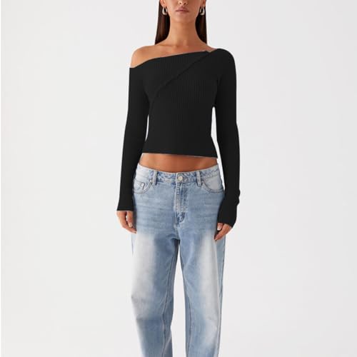 Image of Women Off Shoulder Long Sleeve Sweater Y2K Ribbed Knit Pullover Solid Crop Top Going Out Boat Neck Blouse