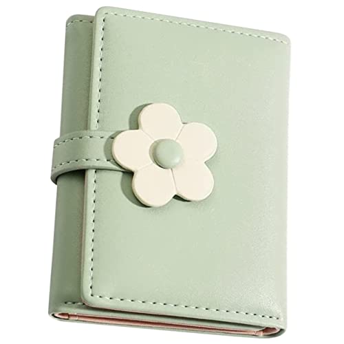 VOSAREA Korean Style Green PU Change Purse for Flower Pattern Compact Trifold Wallet for Card Holder Coin Bag Lightweight and Easy Clean Student Wallet for Travel and Daily Use