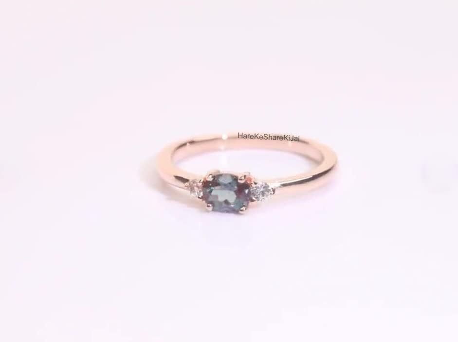 Oval Alexandrite Ring 925 Sterling Silver Rose Gold Vermeil | Color Changing Gemstone Ring for Women | Dainty Three Stone Engagement Ring | June Birthstone Anniversary Jewelry