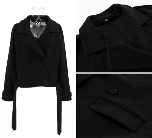 utcoco Womens Cropped Wool Coats Belted Double Breasted Pea Coat Short Jacket Notched Lapel Trench Coat with Pockets (Small, Black) by utcoco - Used condition - US$30.20