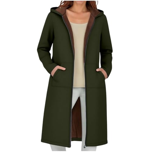 Plus Size Longline Fleece Lined Hooded Jacket Winter Windproof Coat With Pockets Zippered Travel (Army Green, S)