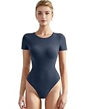Picture of SUUKSESS Women Short Sleeve Bodysuit Crew Neck Thong Body Suit Shirts Basic Tops (Navy, M)
