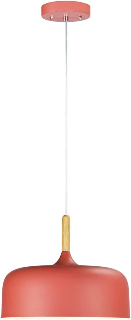Luke Nordic Metal Pendant Light with Metal Shade and Wooden Deco for Kitchen Island,Dining Room,Café,Adjustable Metal Ceiling Light Fixture,Modern Design,Red