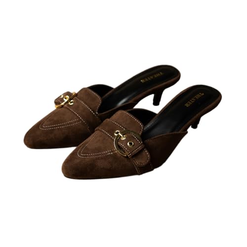 Image of Theater Women Pointed-Toe Mule Heels | Slip-On Kitten Heels with Gold Buckle | Elegant & Comfortable Sandals for Work, Office & Smart Casual Wear