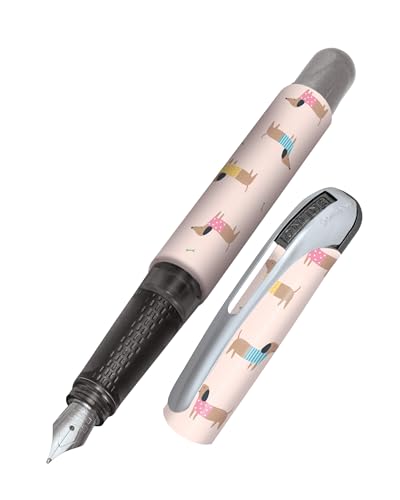 Online fountain pen College Dachshund, ink fountain pen for right-handers, ergonomic grip, iridium nib medium, standard ink cartridges, incl. combi cartridge blue, for allergy sufferers