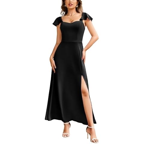 MUADRESS Women Ruffled Sleeve Sweetheart V Neck Maxi Dress Side Slit Wedding Guest Formal Long Dress Black Large Cover