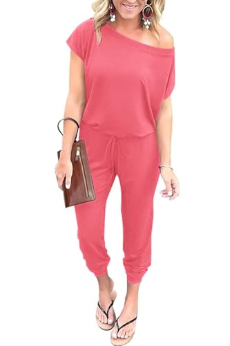 Image of PRETTYGARDEN Jumpsuits for Women Summer Off Shoulder Romper | Short Sleeve Drawstring Waist, Jogger Jumpers with Pockets, One Piece Spring Break Outfits, Vacation Travel Lounge Clothes