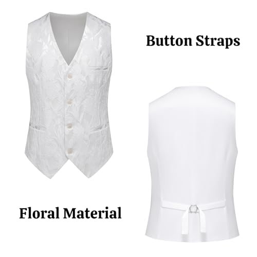 UNINUKOO Mens Suits 3 Piece 1 Button Prom Floral Wedding Shawl Lapel Casual Tuxedo Suit Set US Size 44 White Flower2