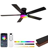 Teracfan 52 Inch Black Ceiling Fans with Lights, RGB Ceiling Fan with Remote and App,Flush Mount Low Profile, Dimmable 35W LED, Reversible, Smart Ceiling Fan for Bedroom Nursery Living Room Apartment