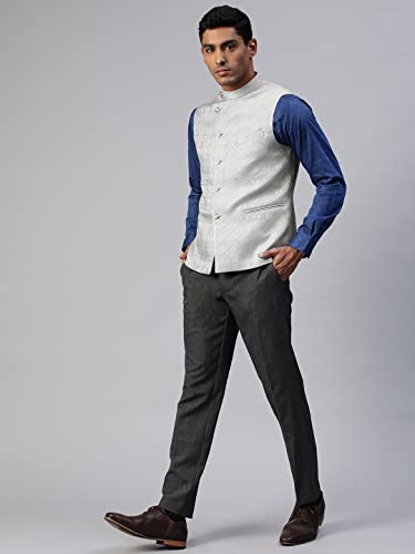 Image of MANQ Men Fawn Woven Jaquard Silk Nehru Jacket