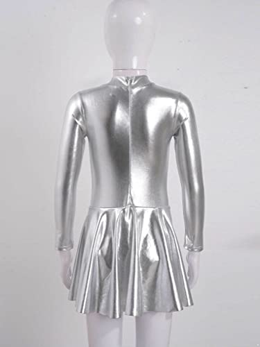 Janjean Kids Girls Metallic Figure Ice Skating Dress Dancewear Long Sleeve Zipper Back Leotard Dance Dress Performance Wear Silver 14 Years #TOP3