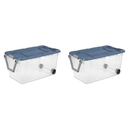 40-Gallon Wheeled Storage Bins (2-Pack) – Heavy Duty Plastic Totes with Lids & Handles – Industrial Garage/Utility Containers for Tools, Camping Gear (36.9″ x 21.4″) (Clear/Blue)