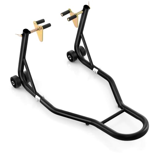 TANGZON Motorcycle Front Paddock Stand, Universal Width-adjustable Front Wheel Lift with 4 Wheels & Non-slip Pads, L-shaped Metal Motorbike Stand for Home, Garage, Repair shop (Black)