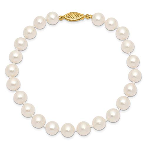 IceCarats 14K Solid Yellow Gold 7mm White Round Freshwater Cultured Pearl Chain Bracelet