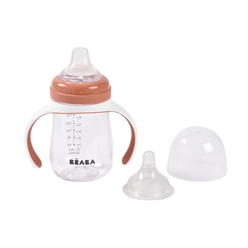 BEABA, Bicchiere Salvagoccia Per L'apprendimento 2 In 1, Tazza Con Cannuccia Per Bambini, 100% Antigoccia, Facile Da Aprire, Manici Rimovibili, Tritolo E Silicone, 210 Ml, Terracotta