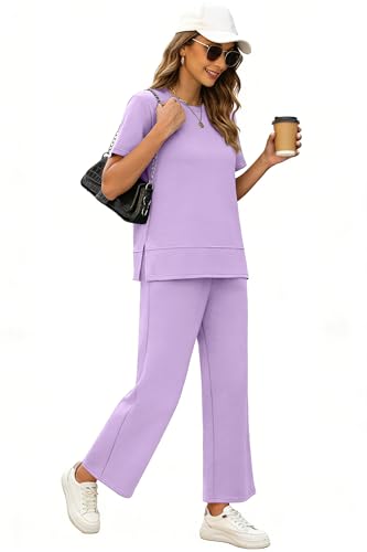 Image of XIEERDUO Women's Side Slit Lounge Sets 2026 Fashion 2 Piece Travel Outfits Cozy Loungewear Wide Leg Tracksuits S-3XL