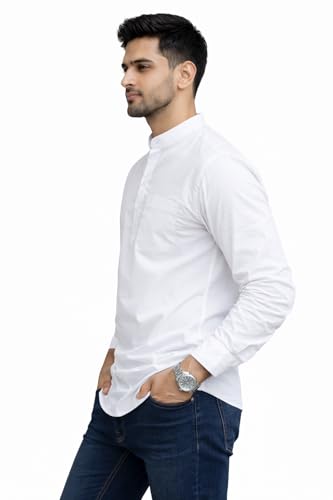 Image of Men's Cotton Kurta, Mandarin Collar Short Kurta, Long Sleeve Casual Shirt for Summer