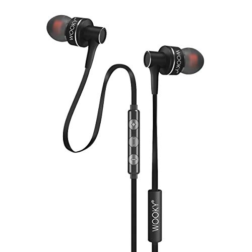WOOKY Bass-10 in-Ear Wired Earphones with Mic & Volume Controller, Powerful Stereo Bass, Noise Isolation Technology and Earphone Clip (Carbon Black – Carry Case Included)