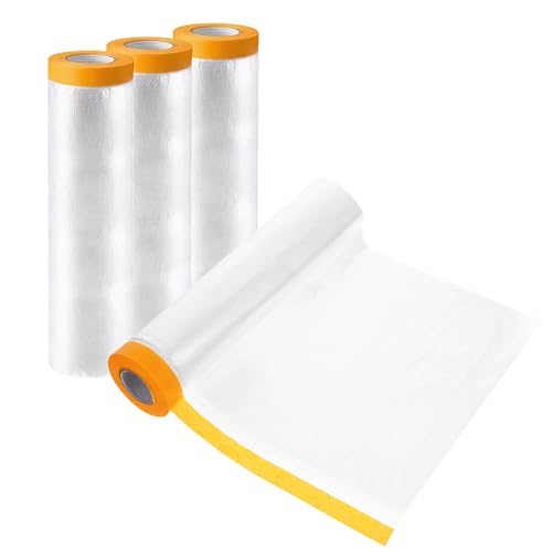 Woobroo 4 PCS Plastic Dust Sheet Roll, 2.4x20M Drop Film Masking Tape with Plastic Sheet, Transparent Pre-Taped Masking Film for Painting, Decorating, Furniture Covering