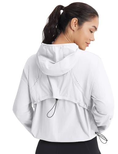 baleaf Womens Sun Jackets Packable Long Sleeve Lightweight Crop Windbreak UV Shirt UPF 50+ Zip Up Sun Hoodie Athletic Hiking White S