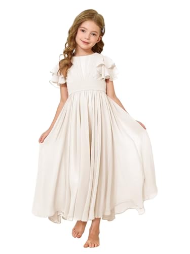 JISISANG Flower Juniort Girl Ivory Casual Dresses Ruched Baptism Long Dress Crew Neck Ruffle Sleeve Princess Dress Casual Holiday Party Gown Ivory Size 14