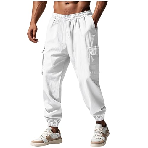 Mens Linen Cargo Pant with Multi Pockets Outdoor Casual Loose Fit Breathable Athletic Pants Summer Beach Trousers