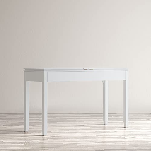 Image of Jofran Mid-Century Modern Acacia Wood Writing Desk with 3 Drawers and USB Charging Port, 48 Inch Computer Desk for Home Office Work, Blanc