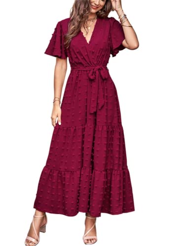 Mascomoda Womens Boho Swiss Dot Maxi Dresses Wrap V Neck Flutter Short Sleeve Solid Tie Belt A Line Tiered Flowy Long Dresses(Wine Red, Large) #TOP10