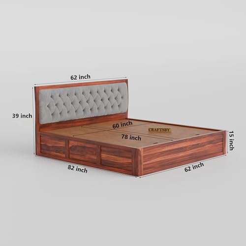 Image of Solid Sheesham Wood Queen Size Bed with Box Storage | Grey Upholstered Cushion Headboard | Wooden Double Bed for Bedroom | Palang /Cot /Mancham, Honey Finish
