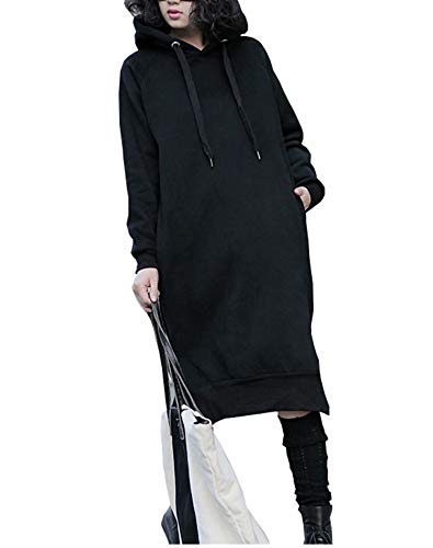 Women's Thickening Long Fleece Sweatshirt String Hoodie Dress Pullover Plus Size Black XL