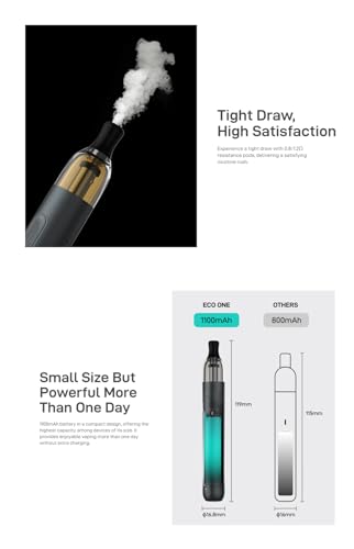 JKJ Va***poresso ECO ONE Kit Batteria incorporata da 1100 mAh con cartuccia vuota da 2 ml Adatta per pod in rete da 0,8/1,2ohm Uscita sigaretta elettronica da 16 W - Senza nicotina - 7