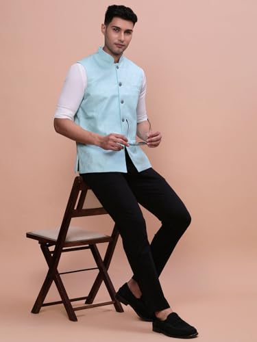 Image of SHOWOFFFF Men Woven Design Ethnic Nehru Jacket | Mandarin Collar Sleeveless Cotton NehruJacket for Mens | Slim Fit Regular Length NehruJackets for Men's