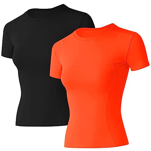 Image of Loovoo Women Workout Shirts, 1 /2 /3 Pack Short Sleeve Compression Tee | Tight Fit Gym Basic Tops, Athletic Quick Dry Crew Neck 4-Way Stretch, Flat Seams Ideal for Yoga, Gym, Running and Daily Wear