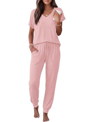 Image of Ekouaer Pajamas for Women Set Short Sleeve Lounge Set Jogger Pants Pjs Soft Sleepwear with Pockets S-XXL