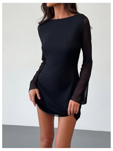 Image of GORGLITTER Women's Cheetah Leopard Animal Print Dress Y2k Backless Mesh Long Sleeve Bodycon Mini Dresses Black Small