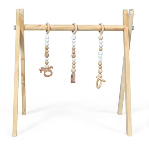 LIFEZEAL Spieltrapez, Spielbogen Baby Holz, Babyspielgerät mit 3 Spielzeugen,...