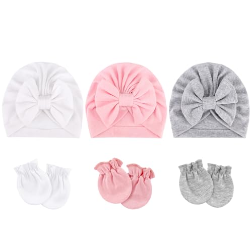 Image of BQUBO Newborn Girls Hats Baby Hat and Mittens Set Infant Caps Bow Hospital Beanie with No Scratch Mittens for Baby Boys Girls