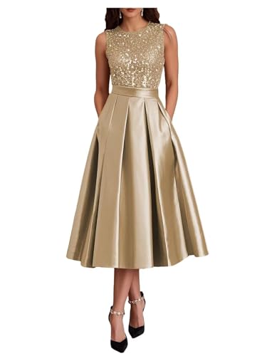 Champagne Sparkly Sequin Prom Dress for Women 2026 Modest A Line Ruffle Satin Puffy Tea Length Prom Dresses with Pockets Simple Midi Formal Evening Ball Gown US6