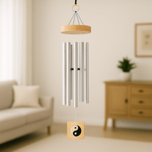 Image of 6 Pipe Wind Chimes for Home & Balcony - 28 Inch Aluminum Chime with Pleasant Soothing Tones | Positive Energy & Good Luck Outdoor Garden Decor | Housewarming Gift for Home & Patio (Silver)