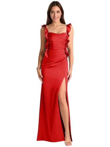 Satin Ruffle Bridesmaid Dresses for Wedding Long Backless Ruffles Wedding Guest Dress with High Slit
