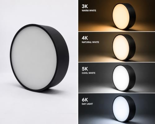 Image of COPPER STONE 12W Surface Mounted LED Round Panel Light | Natural White (4000K) | Black Polycarbonate Body | Energy Efficient Direct Ceiling Light for Wooden, Concrete & RCC Ceiling | Pack of 6