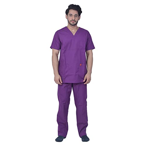 Image of UNISEX V-NECK POLYESTER COTTON MEDICAL SCRUB SUIT FOR DOCTORS (TOP AND BOTTOM) TRIPLE NEEDLE STITCH TOP WITH CHEST POCKET, PURPLE, 40-L.