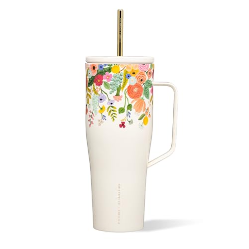 Corkcicle Cold Cup XL - Insulated Tumbler with Handle - Keeps Drinks Cold 12 Hours - Triple-Insulated - Spill-Proof Lid - Summer Drinkware Gift - Keeps Drinks Ice Cold - 30 oz - Garden Cream Floral