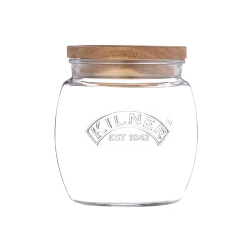 Image of Kilner Premium Universal Airtight Glass Jar with Wooden Lid - 850ml | BPA Free, Reusable Kitchen Food Container for Dry Food, Grains, Pasta, Cereals, Pulses