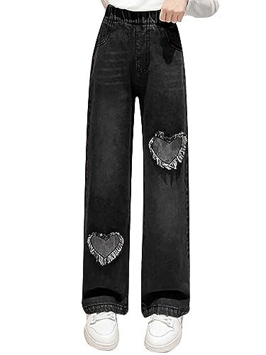 easyforever Kids Girls Distressed Washed Jeans Wide Leg Wide Leg Trousers Raw Edge Heart-Shaped Patch Denim Pants
