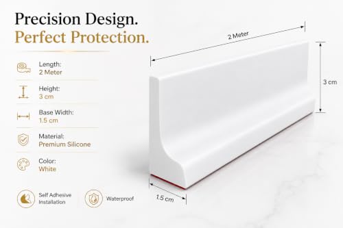 Image of Flexible Silicone Water Dam (2 Meters), Shower Threshold Water Blocker & Kitchen Sink Splash Guard, Self-Adhesive Bathroom Floor Seal (White, 3cm Height)