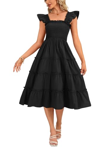 Rooscier Women's Square Neck Smocked Ruffle Sleeveless Sundress Tiered A Line Midi Dress2