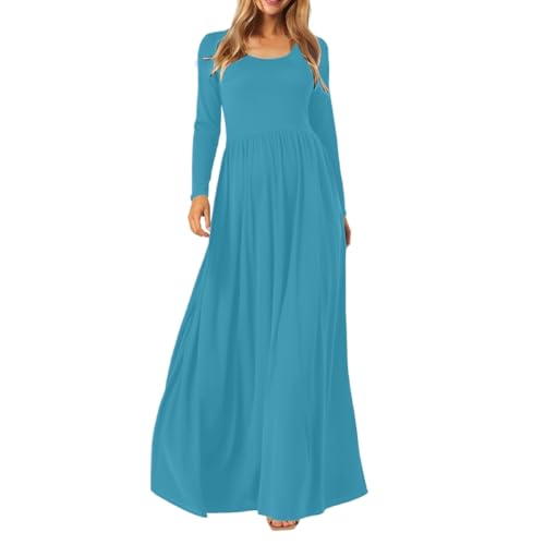 Vestido informal para mujer, con cintura elástica, elegante, cuello redondo, manga larga, corsé, vestido de vacaciones, informal, suelto, túnica, vestido de noche, vestido básico, azul celeste, M