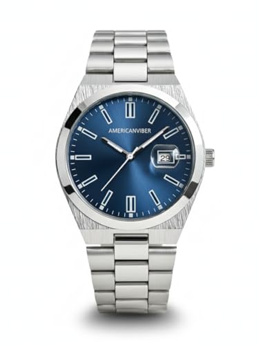Image of AMERICANVIBER Men's Silver Stainless Steel Watch, Vibrant Green Sunburst Dial, Quartz Analog Movement, Date Display, Faceted Bezel for Men