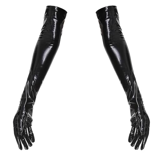 Gants Longs Femme Sexy Noir Aspect Latex 51cm - Gants Simili Cuir Verni Effet Mouillé avec Doublure en Soie Glacée Confortable pour Soirée Cosplay Costume Halloween...